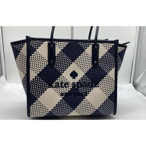Kate Spade Ella Gingham Blazer Blue Oversized Woven Tote Bag Women's EUC